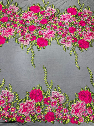 Fuchsia Roses Multi Color Floral Design Embroider on a Black Mesh Lace Fabric- Sold by the yard.