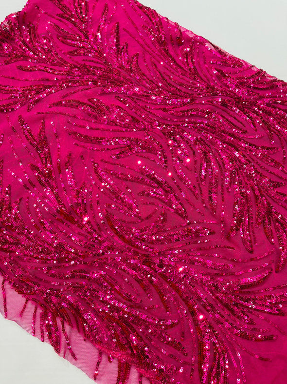 Fuchsia Feather damask shiny sequin design on a 4 way stretch mesh Fabric-prom-Sold by the yard