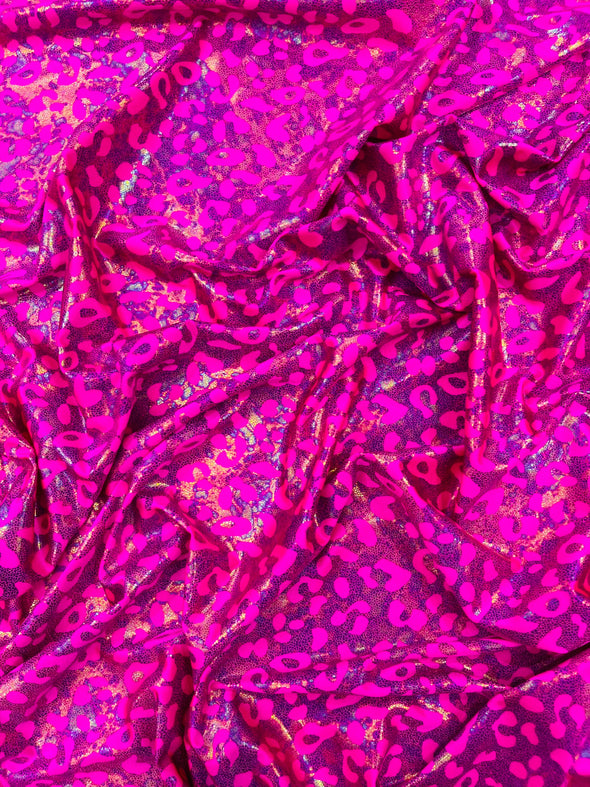 Leopard Oil Spill Metallic Print on a Stretch Nylon Spandex Tricot/Milliskin - Sold by the yard.