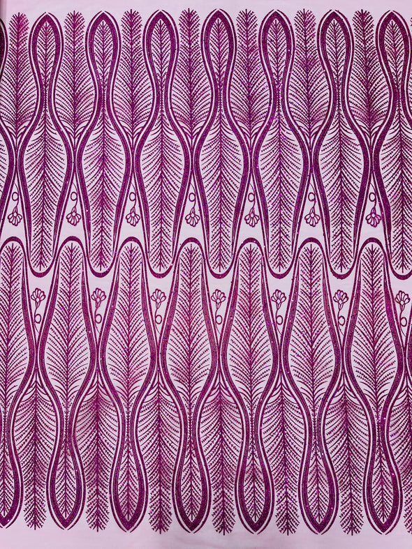 Fuchsia Glitter Feather Damask Design On A Mesh Lace Fabric/Prom.