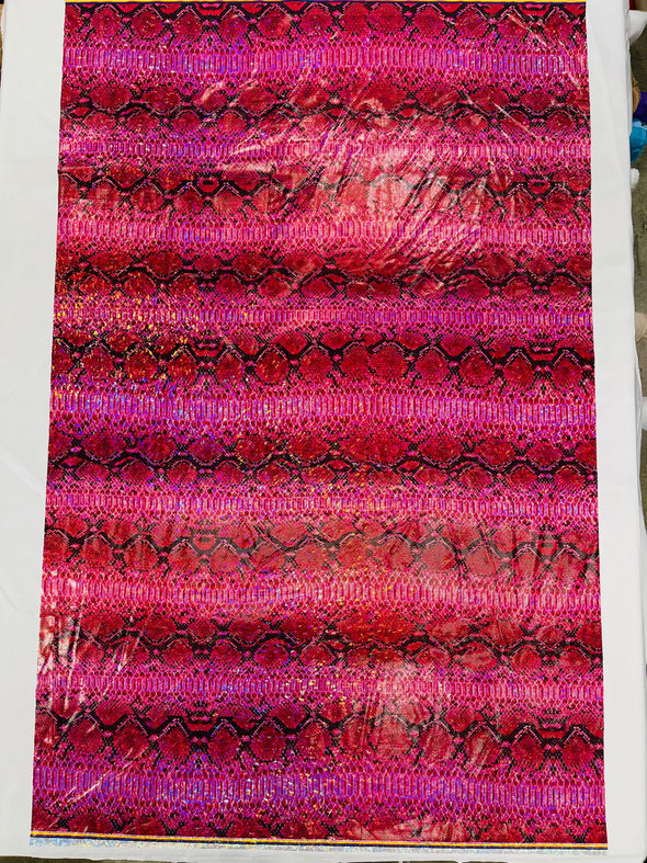 Fuchsia Holographic Snake Foil Printed Spandex Fabric By The Yard | Multi Color Snake Design Poly Spandex Fabric 4 Way Stretch 60”