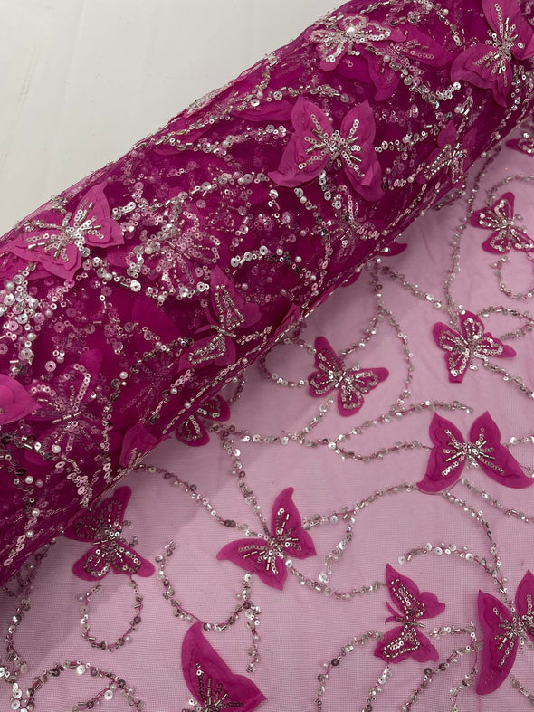 Fuchsia 3D Butterfly Design Embroider and Beaded on a Mesh Lace-Prom-Sold by yard.