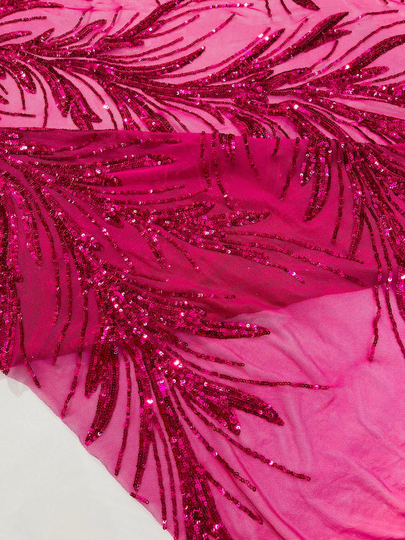 Fuchsia Feather damask shiny sequin design on a 4 way stretch mesh Fabric-prom-Sold by the yard