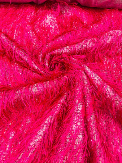 Fuchsia Shaggy Jacquard Faux Ostrich/Eye Lash Feathers Sewing Fringe With Metallic Thread Fabric By The Yard