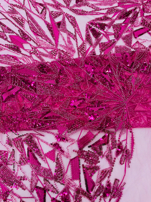 Fuchsia Geometric Beaded Design On A Mesh Lace Fabric (By The Yard)