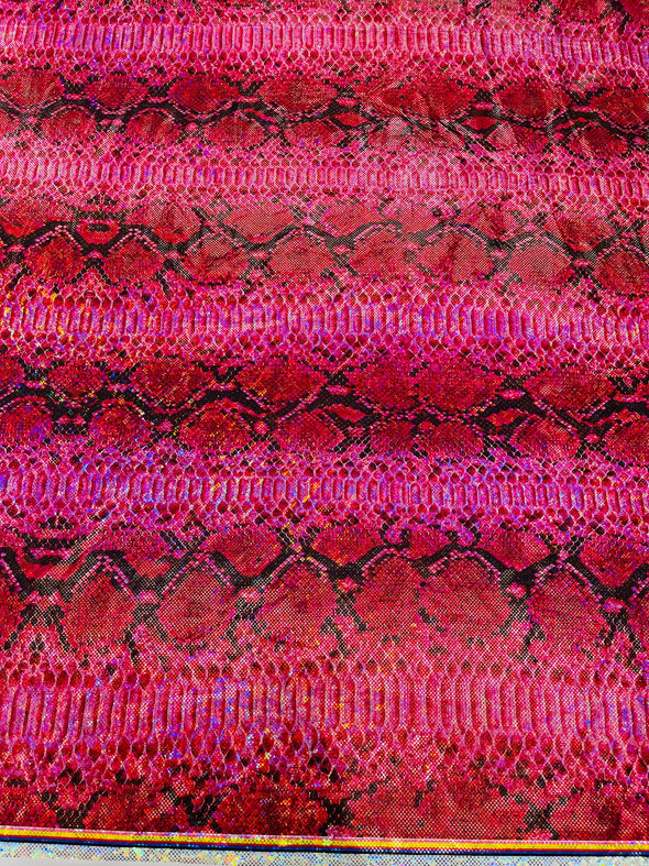 Fuchsia Holographic Snake Foil Printed Spandex Fabric By The Yard | Multi Color Snake Design Poly Spandex Fabric 4 Way Stretch 60”