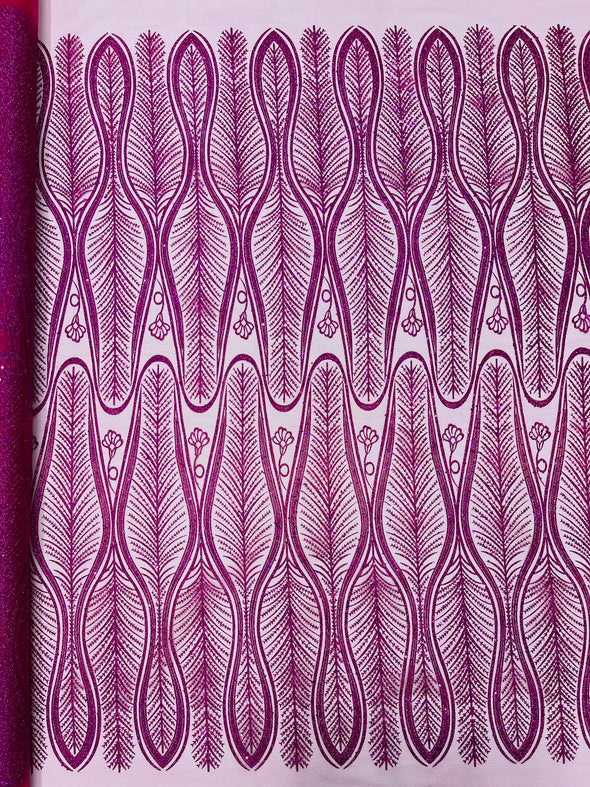 Fuchsia Glitter Feather Damask Design On A Mesh Lace Fabric/Prom.