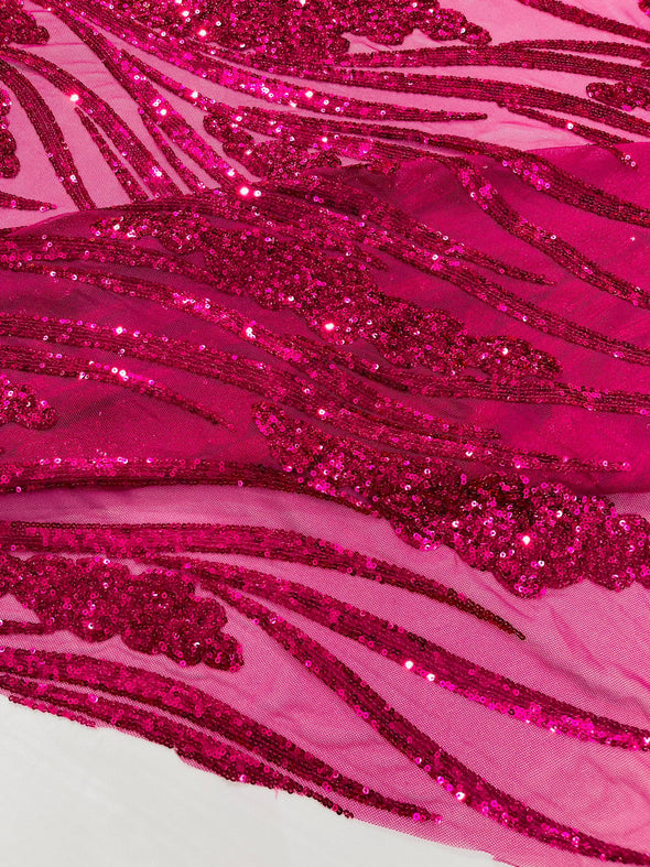 Fuchsia Feather damask shiny sequin design on a 4 way stretch mesh Fabric-prom-Sold by the yard