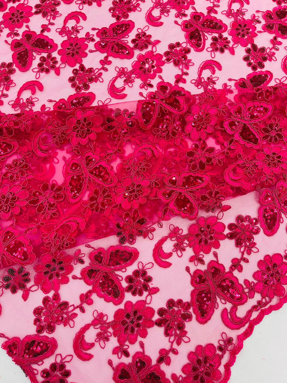 Fuchsia Corded Lace/ Butterfly Design Embroidered With Sequin on a Mesh Lace Fabric