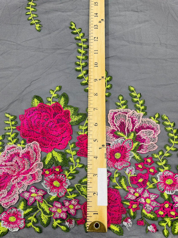 Fuchsia Roses Multi Color Floral Design Embroider on a Black Mesh Lace Fabric- Sold by the yard.