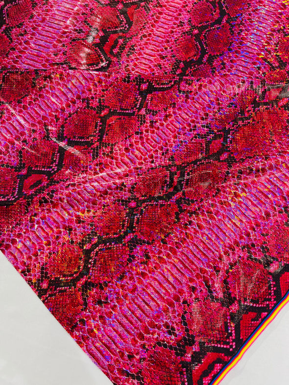 Fuchsia Holographic Snake Foil Printed Spandex Fabric By The Yard | Multi Color Snake Design Poly Spandex Fabric 4 Way Stretch 60”