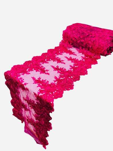 Fuchsia 14"Wide Sequins Metallic Embroidered Lace on Mesh Fabric, Trim Lace, Table Runner. Sold By The Yard.