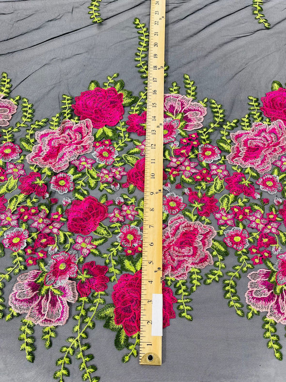 Fuchsia Roses Multi Color Floral Design Embroider on a Black Mesh Lace Fabric- Sold by the yard.