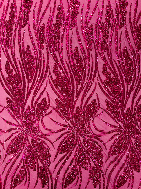 Fuchsia Feather damask shiny sequin design on a 4 way stretch mesh Fabric-prom-Sold by the yard