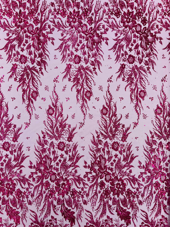 Big Glitter Damask Design On A Mesh Lace Fabric/Prom/Sold By The Yard