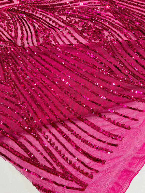 Fuchsia Shiny Geometric Feather wing shiny sequin design on a 4 way stretch mesh Fabric-prom-sold by the yard.