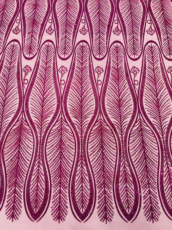 Fuchsia Glitter Feather Damask Design On A Mesh Lace Fabric/Prom.