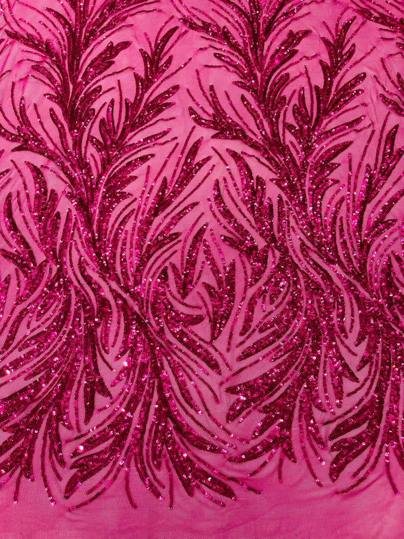 Fuchsia Feather damask shiny sequin design on a 4 way stretch mesh Fabric-prom-Sold by the yard