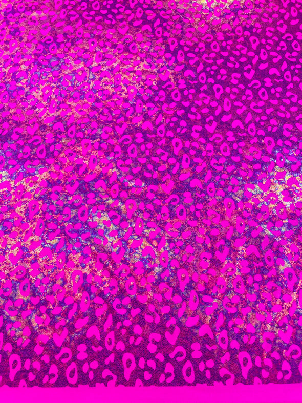 Leopard Oil Spill Metallic Print on a Stretch Nylon Spandex Tricot/Milliskin - Sold by the yard.