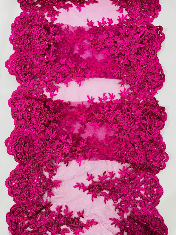 Fuchsia 14"Wide Sequins Metallic Embroidered Lace on Mesh Fabric, Trim Lace, Table Runner. Sold By The Yard.