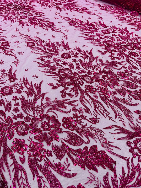 Big Glitter Damask Design On A Mesh Lace Fabric/Prom/Sold By The Yard