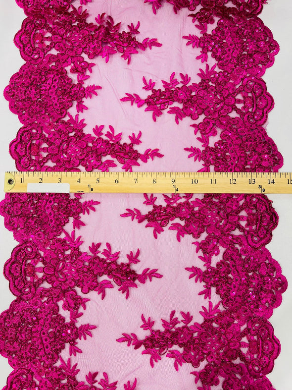 Fuchsia 14"Wide Sequins Metallic Embroidered Lace on Mesh Fabric, Trim Lace, Table Runner. Sold By The Yard.