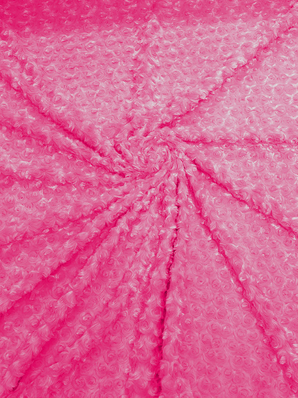 Fuchsia 58" Wide Minky Swirl Rose Blossom Ball Rosebud Plush Fur Fabric Polyester-Sold by Yard.