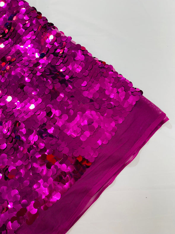 Fuchsia Round Sequin Paillette On Fuchsia Mesh Fabric/ 54 Inches Wide/Cosplays Fabric/Prom/Backdrops