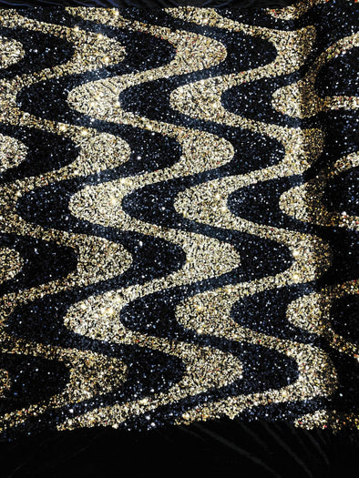 Gold-Black Sequin Wave Design stretch velvet all over 5mm shining sequins 2-way stretch, sold by the yard.