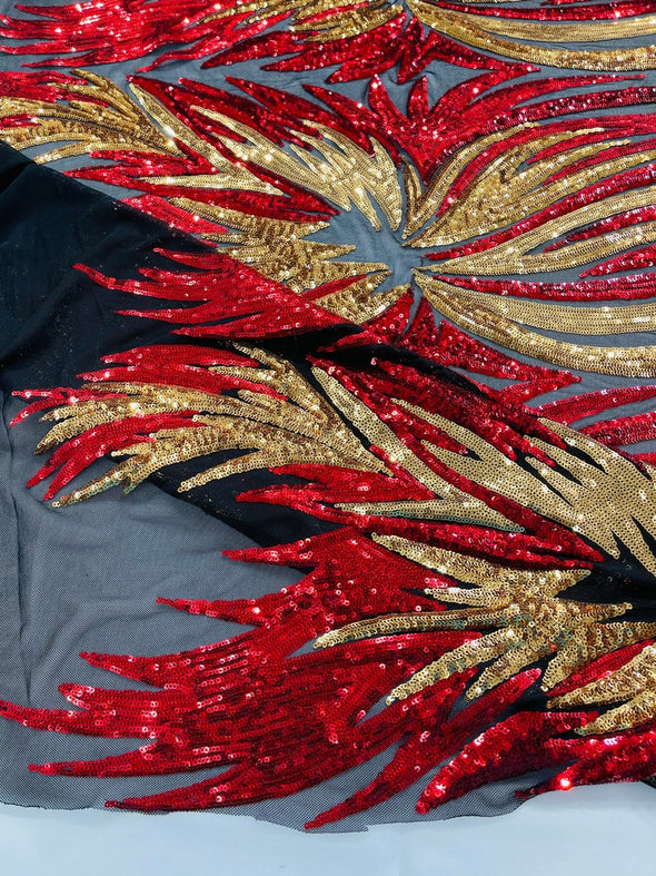 Gold Red Iridescent Sequin Wings design on a Black 4 way stretch mesh fabric- prom-nightgown-By the yard