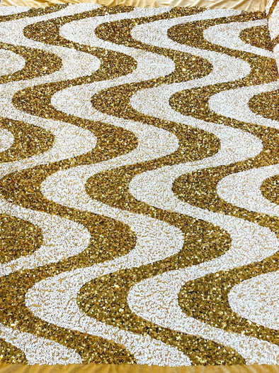 Gold- White Sequin Wave Design stretch velvet all over 5mm shining sequins 2-way stretch, sold by the yard.