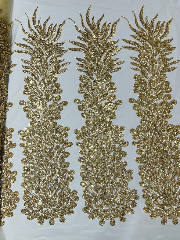 Gold New Vegas heavy beaded feather design embroidery on a mesh fabric-Sold by the panel
