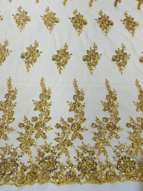 Gold Floral design embroider and beaded on a mesh lace fabric-Wedding/Bridal/Prom/Nightgown fabric.