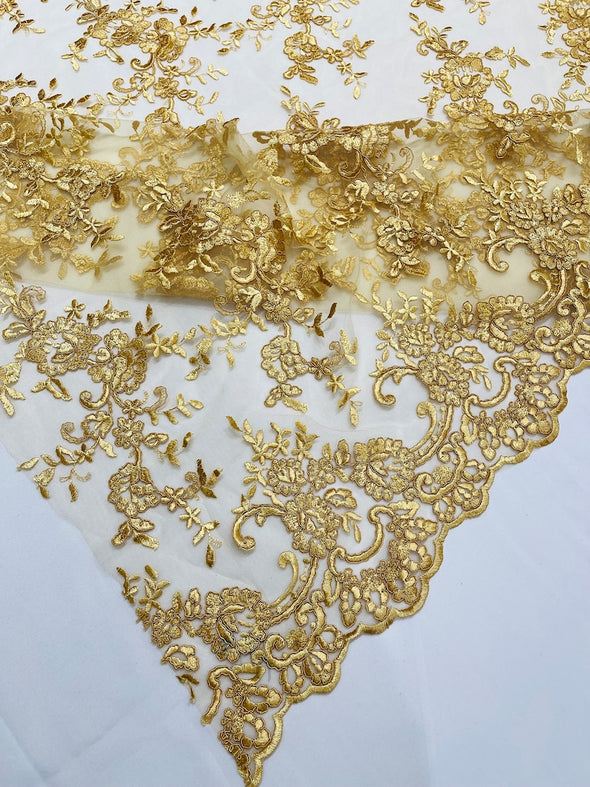 Gold Bloom corded lace and embroider with sequins on a mesh -Sold by the yard