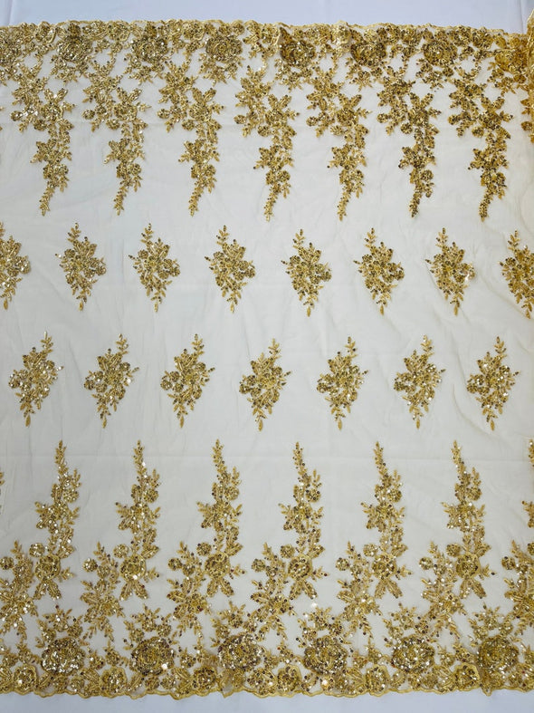 Gold Floral design embroider and beaded on a mesh lace fabric-Wedding/Bridal/Prom/Nightgown fabric.