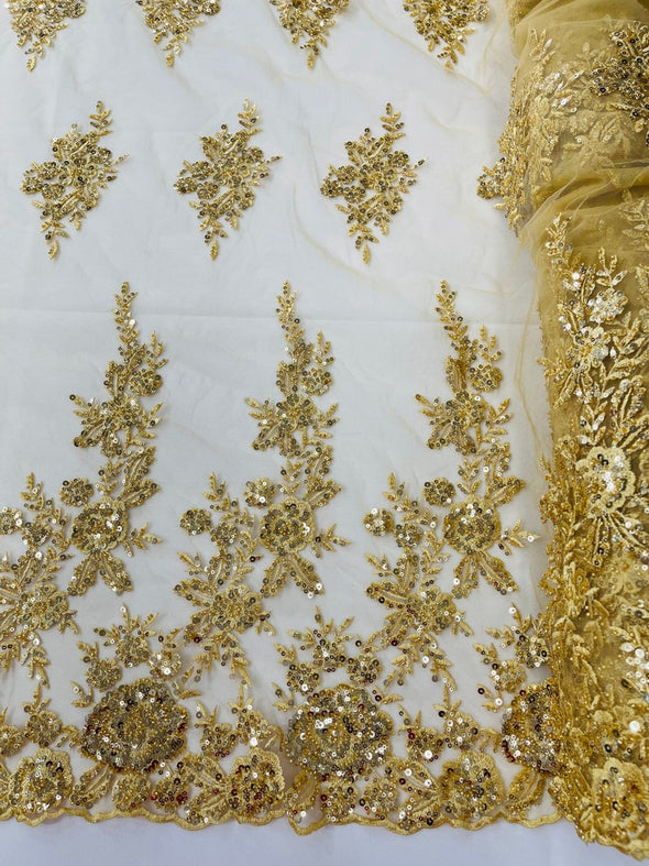 Gold Floral design embroider and beaded on a mesh lace fabric-Wedding/Bridal/Prom/Nightgown fabric.