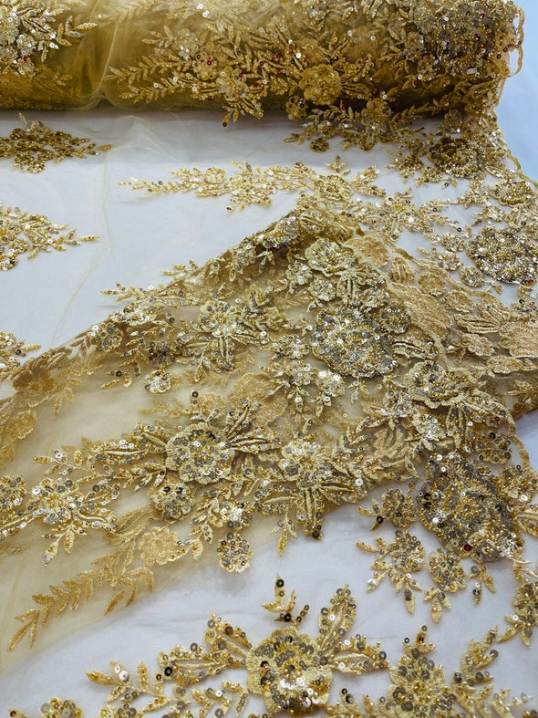 Gold Floral design embroider and beaded on a mesh lace fabric-Wedding/Bridal/Prom/Nightgown fabric.