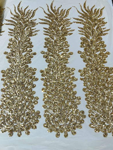 Gold New Vegas heavy beaded feather design embroidery on a mesh fabric-Sold by the panel