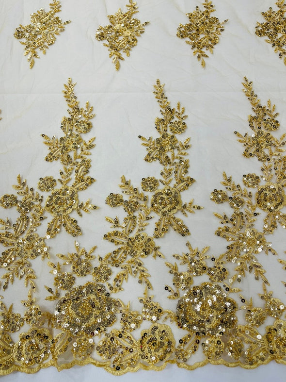 Gold Floral design embroider and beaded on a mesh lace fabric-Wedding/Bridal/Prom/Nightgown fabric.