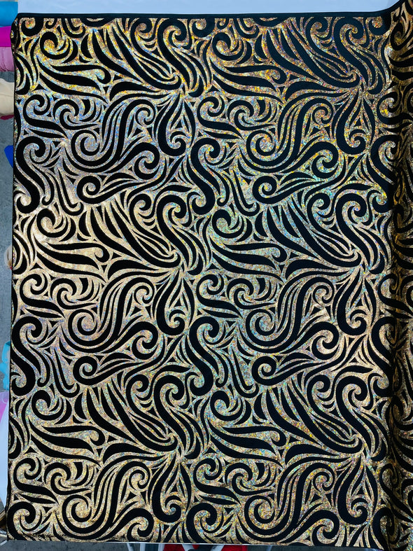 Holographic Foil Tribal Flame Design On A Stretch Velvet Fabric. By The Yard