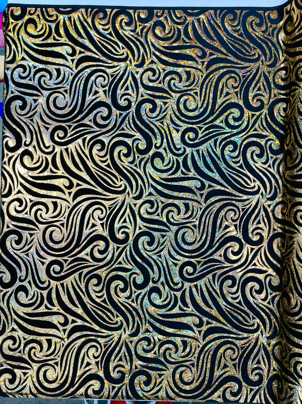 Holographic Foil Tribal Flame Design On A Stretch Velvet Fabric. By The Yard