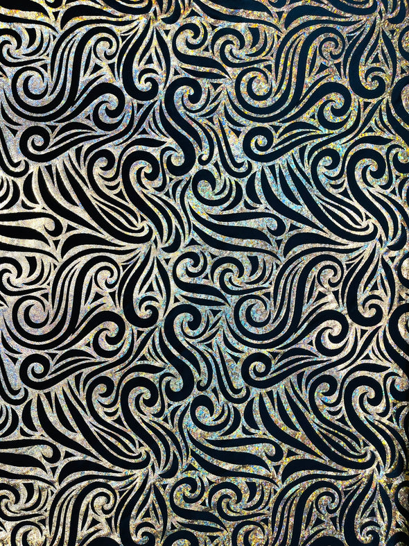 Holographic Foil Tribal Flame Design On A Stretch Velvet Fabric. By The Yard