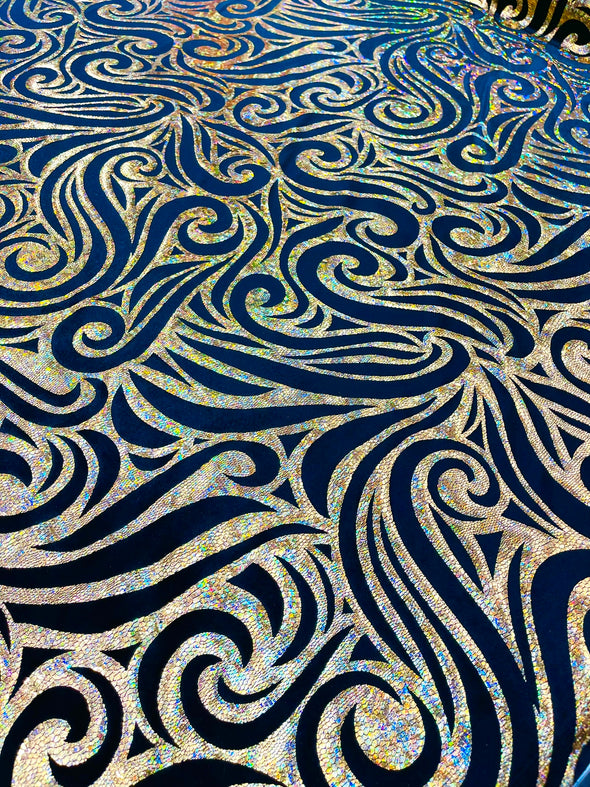 Holographic Foil Tribal Flame Design On A Stretch Velvet Fabric. By The Yard