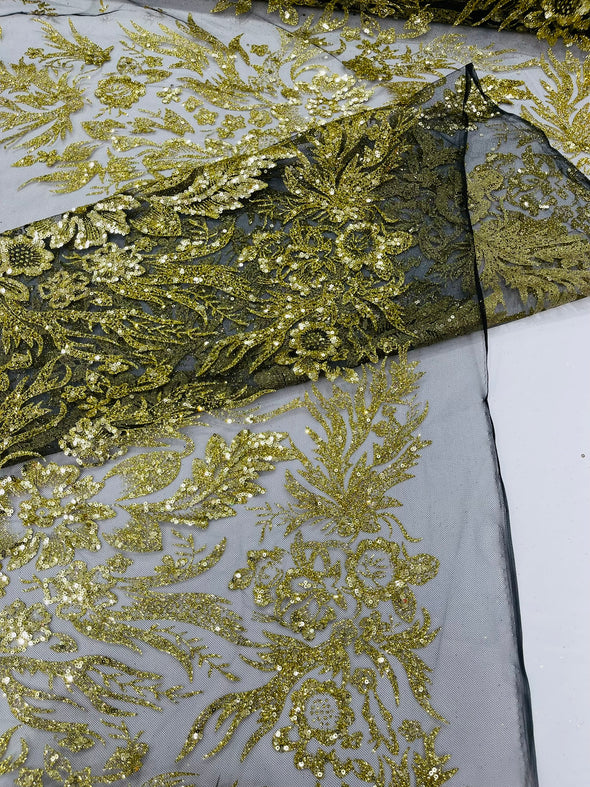 Big Glitter Damask Design On A Mesh Lace Fabric/Prom/Sold By The Yard