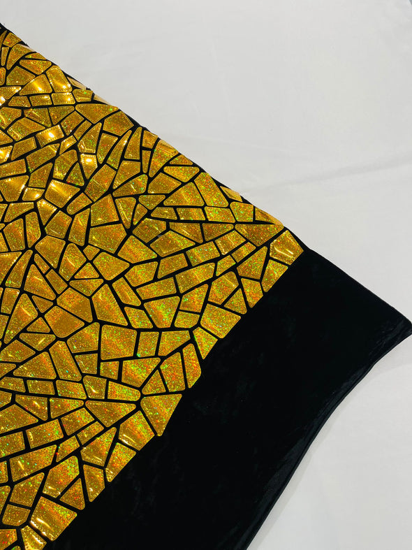 Gold Holographic Shiny Broken Glass Sequin Design/Geometric/ On Black Stretch Velvet Fabric Sold By The Yard