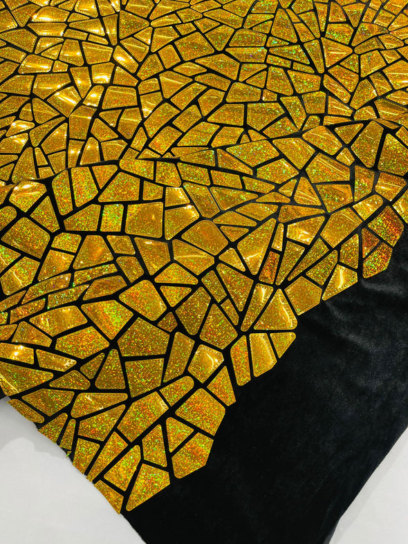 Gold Holographic Shiny Broken Glass Sequin Design/Geometric/ On Black Stretch Velvet Fabric Sold By The Yard