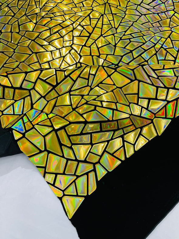 Gold Iridescent Shiny Broken Glass Sequin Design/Geometric/ On Black Stretch Velvet Fabric Sold By The Yard