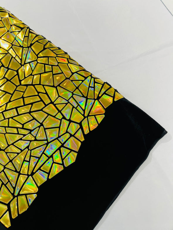 Gold Iridescent Shiny Broken Glass Sequin Design/Geometric/ On Black Stretch Velvet Fabric Sold By The Yard