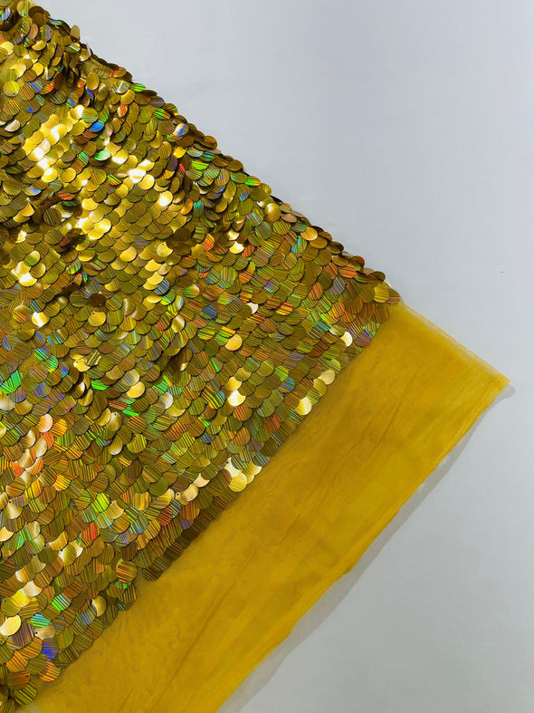 Gold Laser Iridescent Round Sequin Paillette On Gold Mesh Fabric/ 54 Inches Wide/Cosplays Fabric/Prom/Backdrops