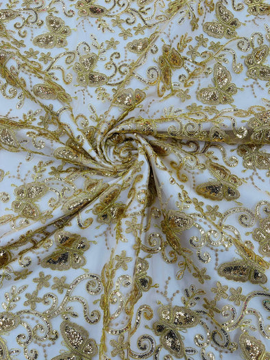 Gold Metallic Corded Lace/ Butterfly Design Embroidered With Sequin on a Mesh Lace Fabric